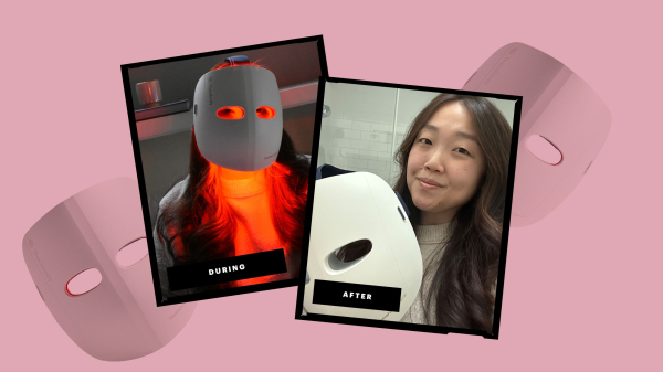 A collage of Allure editor Christa Joanna Lee wearing the Therabody Theraface Mask Glo and after using the LED mask on a...