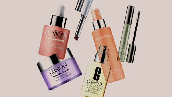 clinique products on a grey background