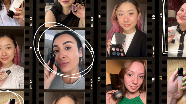 A black film collage of Allure editors holding their favorite Chanel beauty products