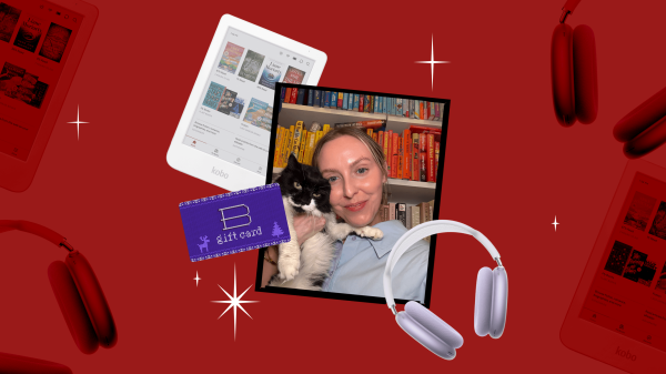 designed collage with a photo of woman holding cat white kobo clara colour device purple bookshop.org gift card and...